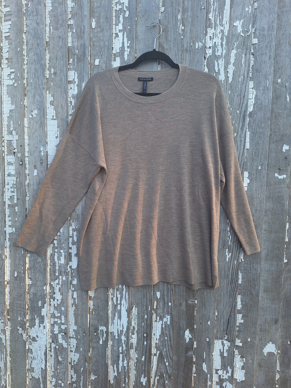 Eileen Fisher Relaxed Crewneck Sweater in Taupe Merino Wool Size Large